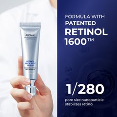 Sleek DOMINAS AtClinic neck shot serum on a vanity with soft lighting.