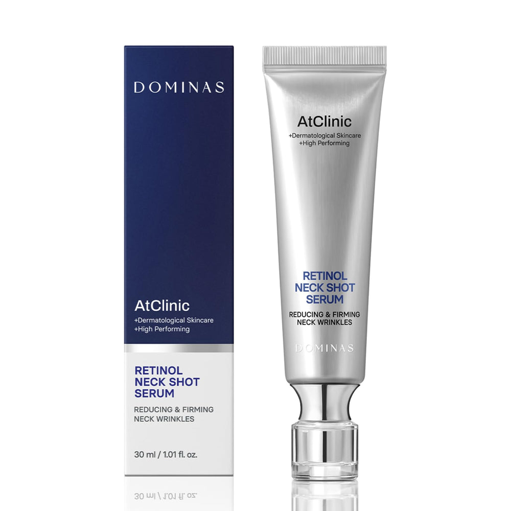 DOMINAS AtClinic Retinol Neck Shot Serum bottle close-up, premium neck care packaging.
