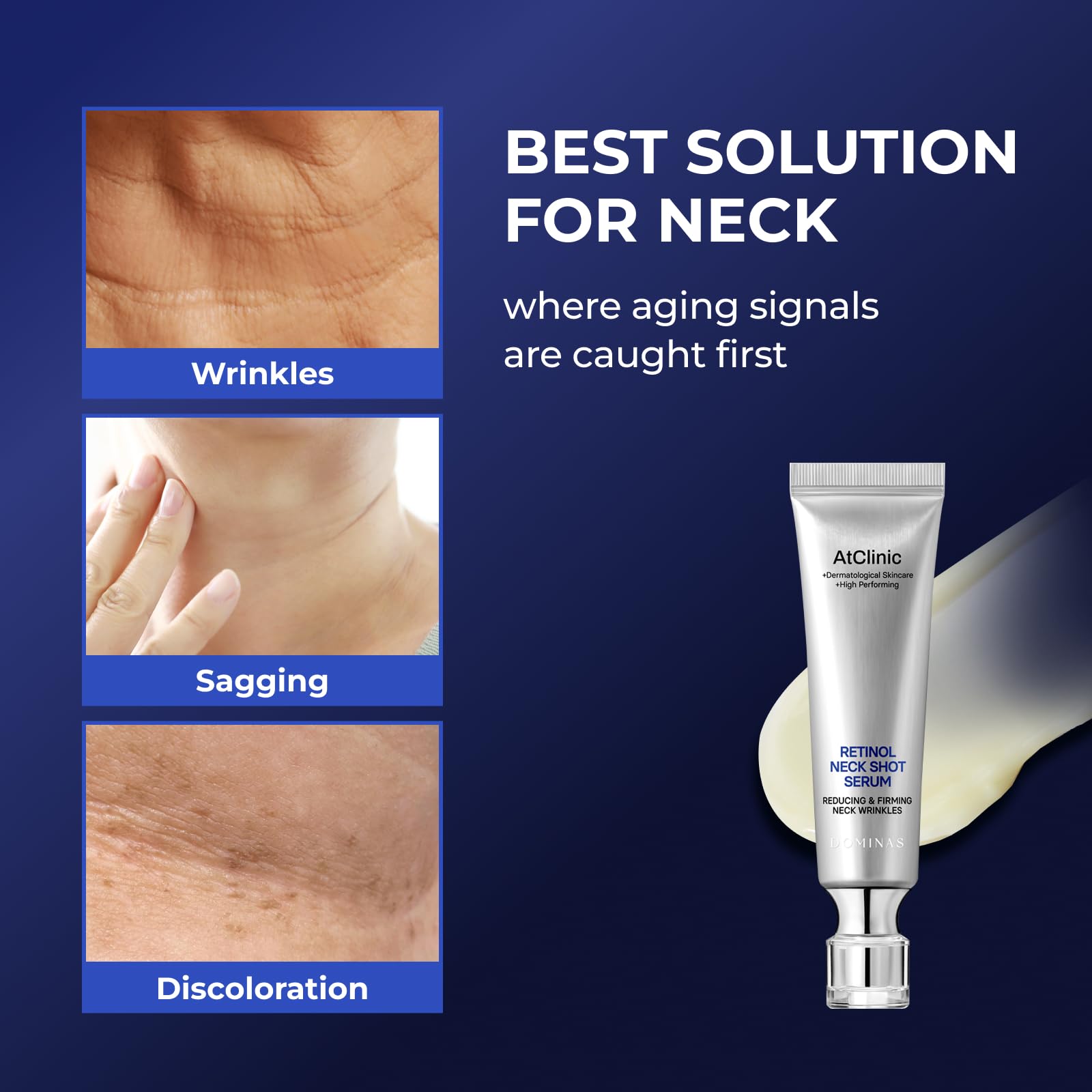 DOMINAS AtClinic serum ingredients label highlighting key actives for neck care.