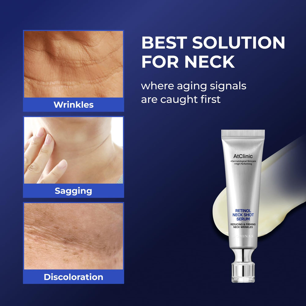 DOMINAS AtClinic serum ingredients label highlighting key actives for neck care.
