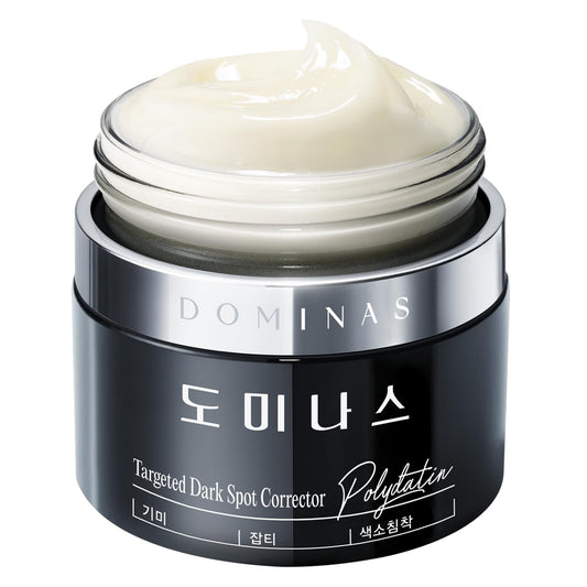 DOMINAS dark spot corrector bottle close-up showing brightening formula for even skin tone