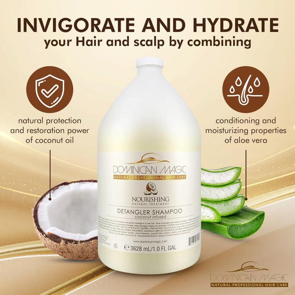 Dominican Magic Coconut Detangler ingredients image features coconut oil and aloe vera benefits.