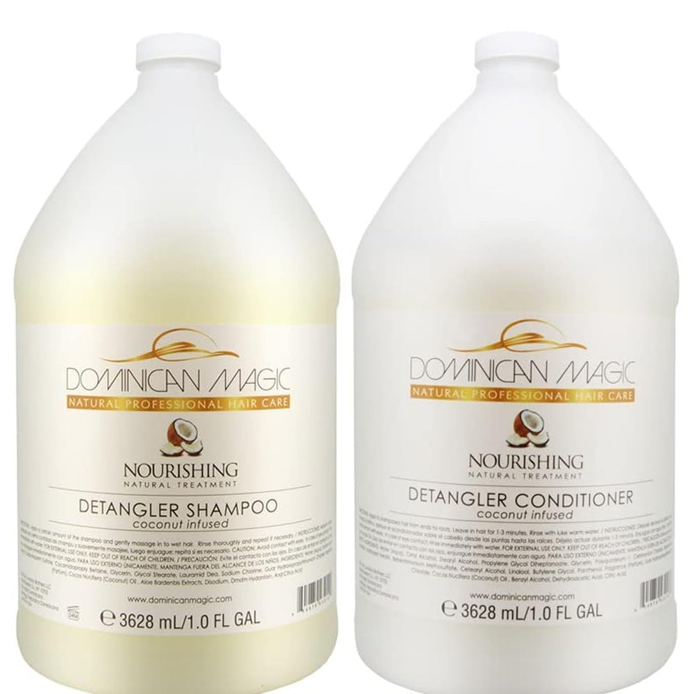Dominican Magic Coconut Detangler Shampoo bottle highlights hydrating formula for dry hair.