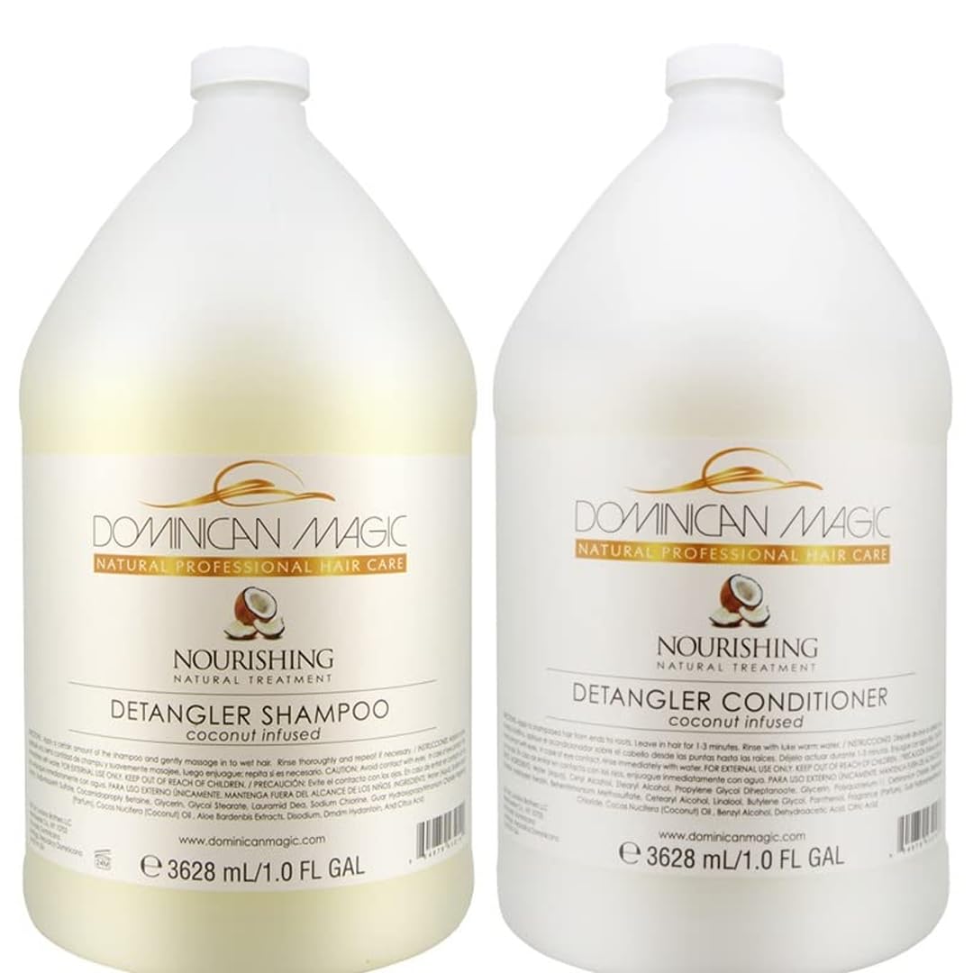 Dominican Magic Coconut Detangler Shampoo bottle highlights hydrating formula for dry hair.