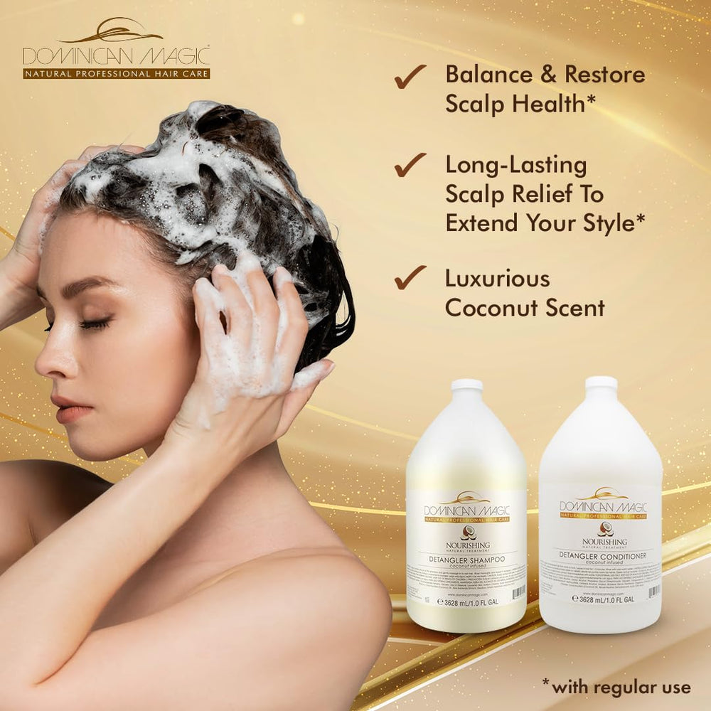 Dominican Magic Coconut Detangler Shampoo gallon illustrates long lasting hydration for daily use.