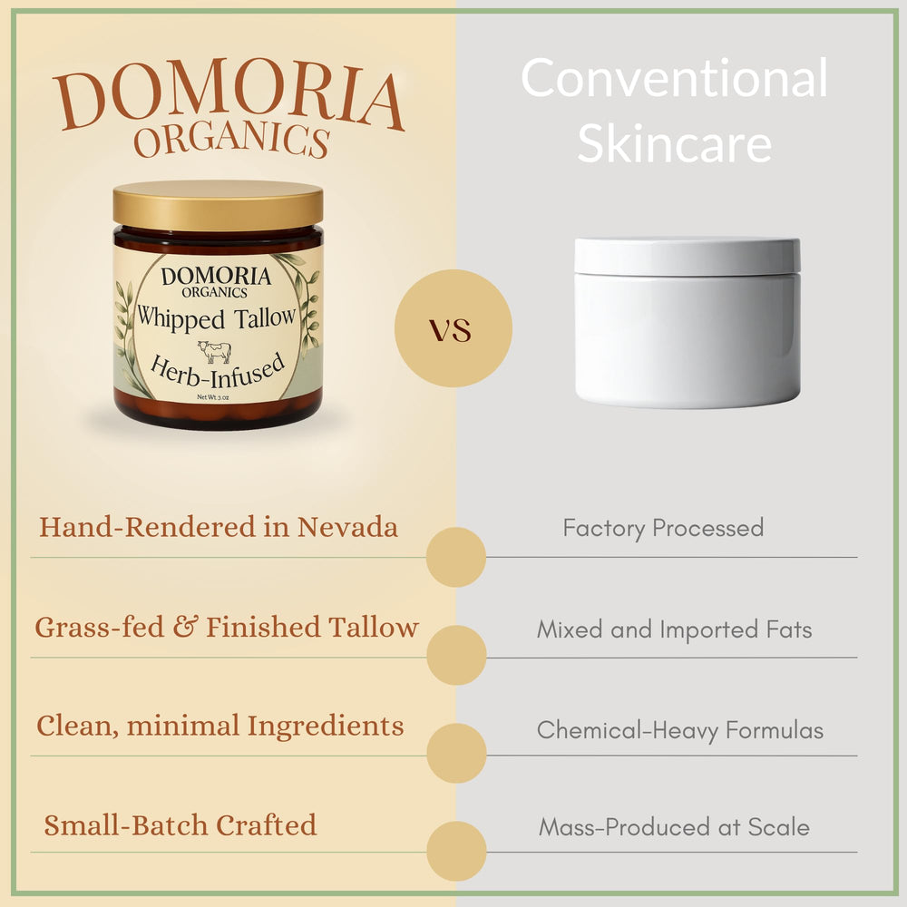 Domoria Organics grass-fed tallow base jar rich in nutrients.