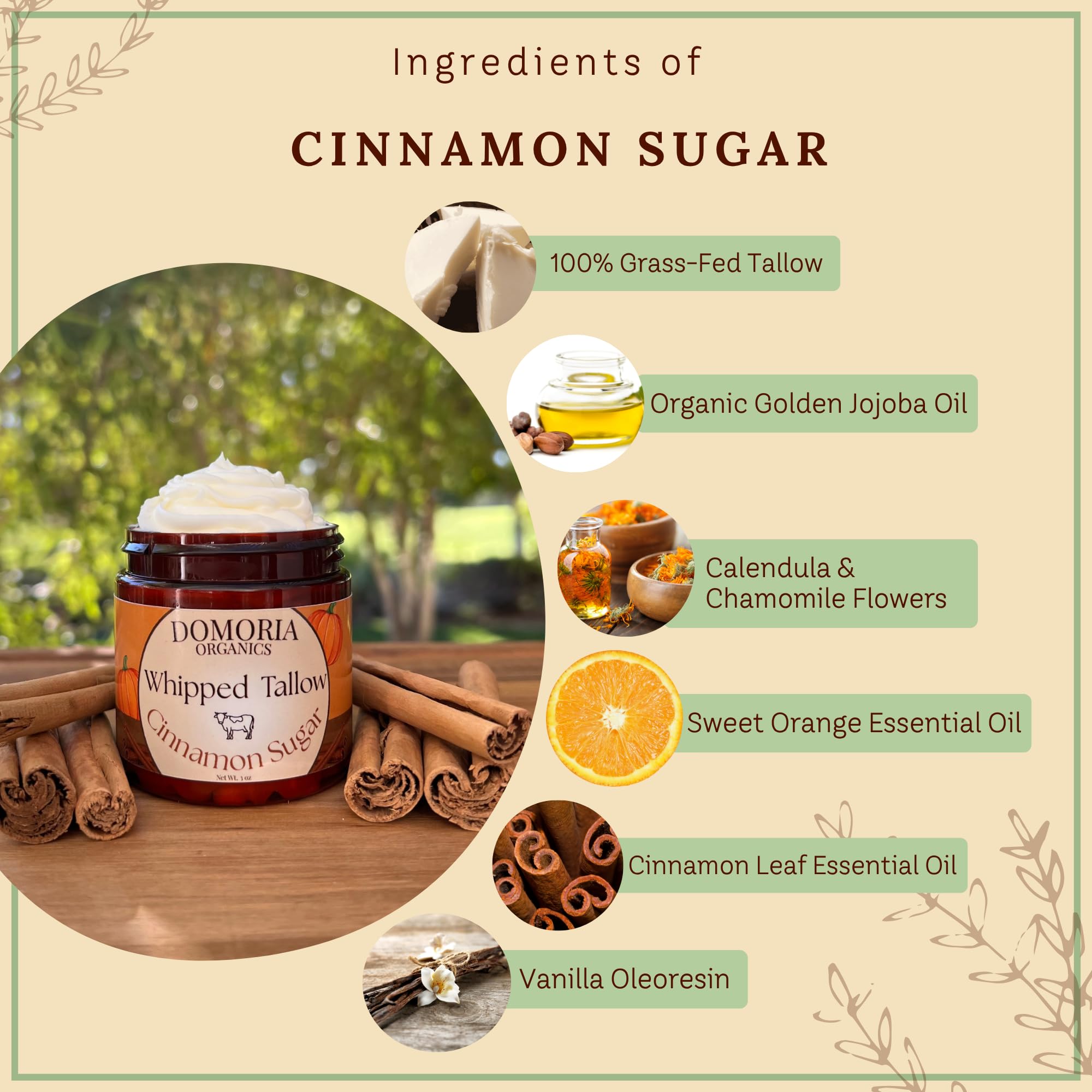 Ingredients shot shows grass-fed tallow and herb-infused jojoba oil at a glance
