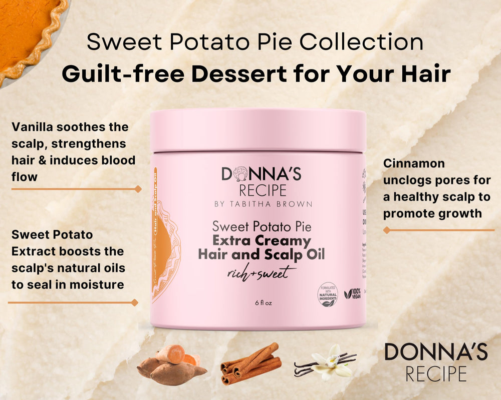 Donna's Recipe Sweet Potato Pie Oil ingredients icons highlight nourishing botanicals.