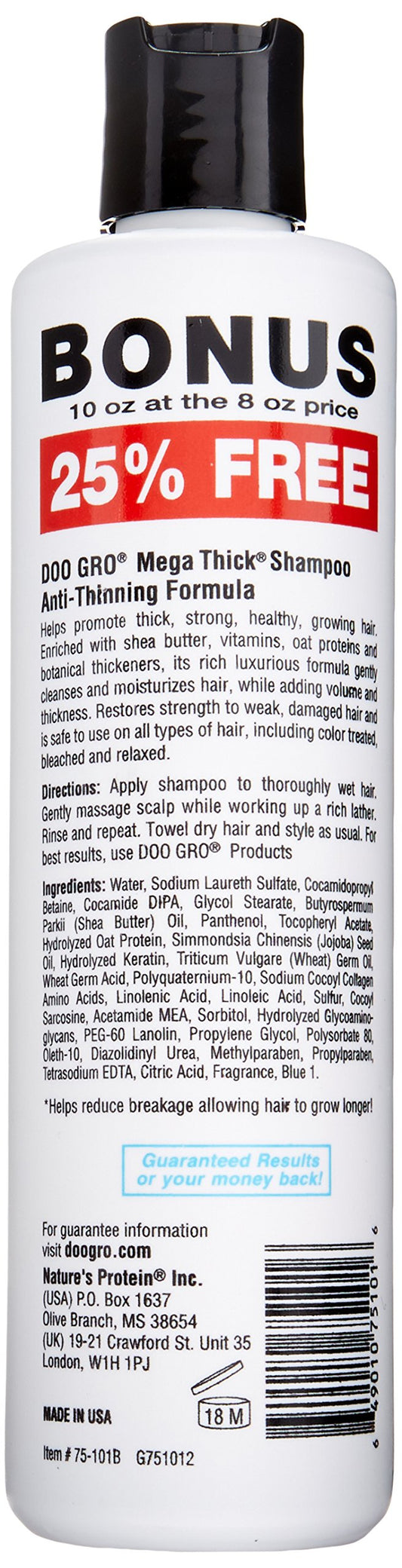 Doo Gro Mega Thick Growth Shampoo packaging highlighting shea butter and vitamins