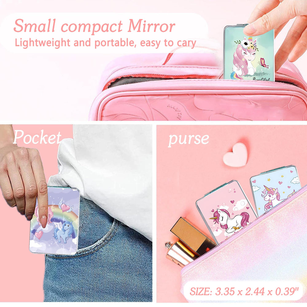 DOOSAI Unicorn pocket mirror featuring 2x magnification for precise makeup checks