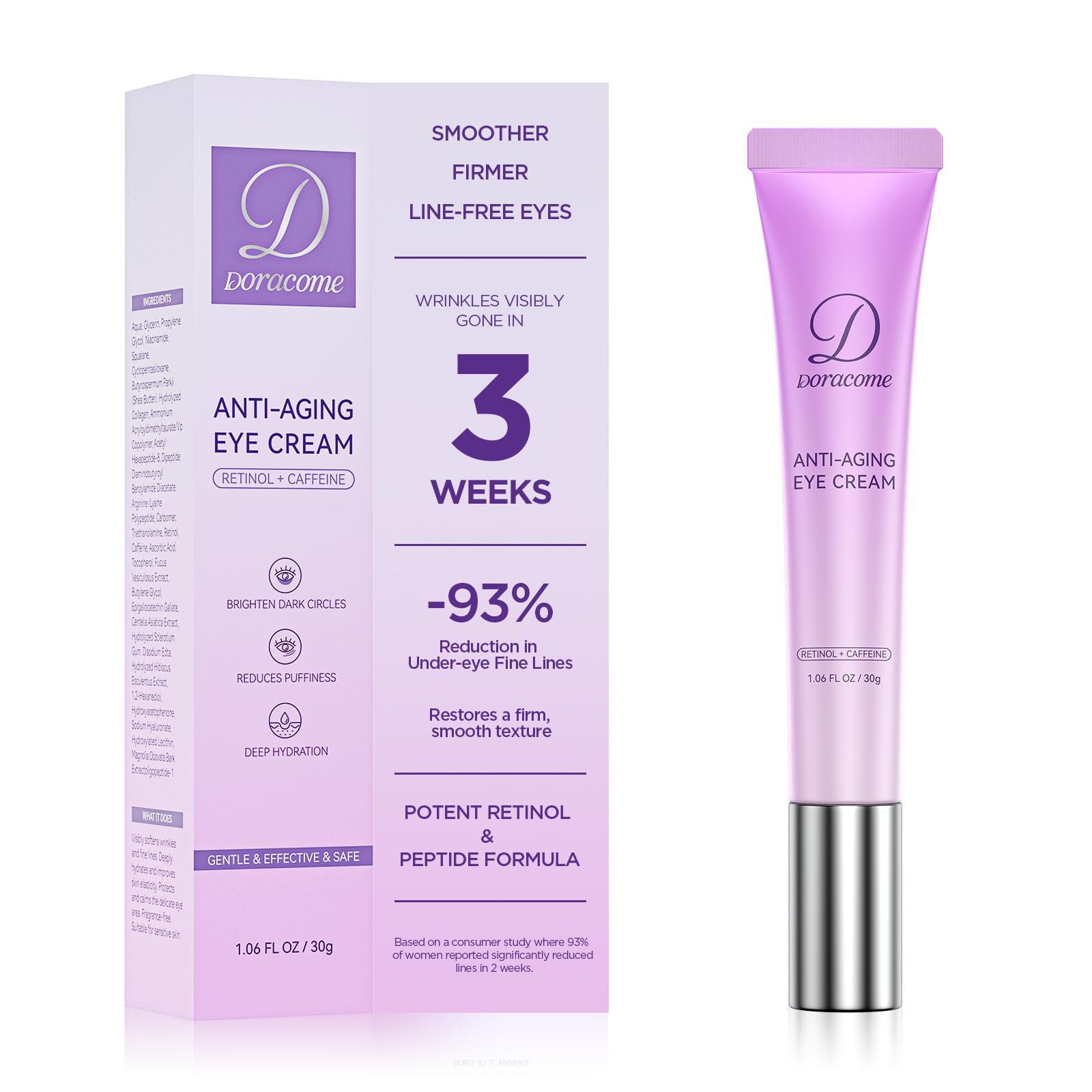 Doracome eye cream bottle showing brightening under-eye effect