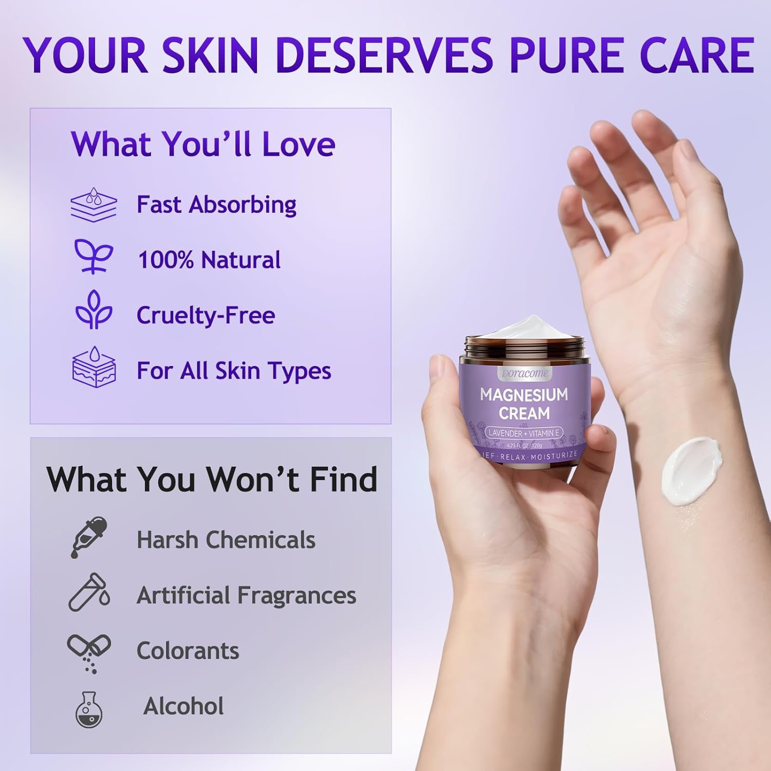 Doracome magnesium lotion absorbs quickly without grease.