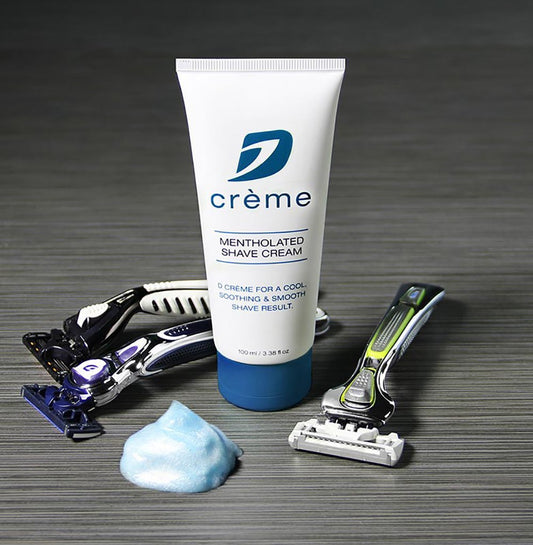 Dorco D Crème mentholated shaving cream tube application showing lotion-like glide for sensitive skin.