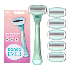 Dorco Eve3 razor handle in hand, ergonomic grip for comfortable shaving.