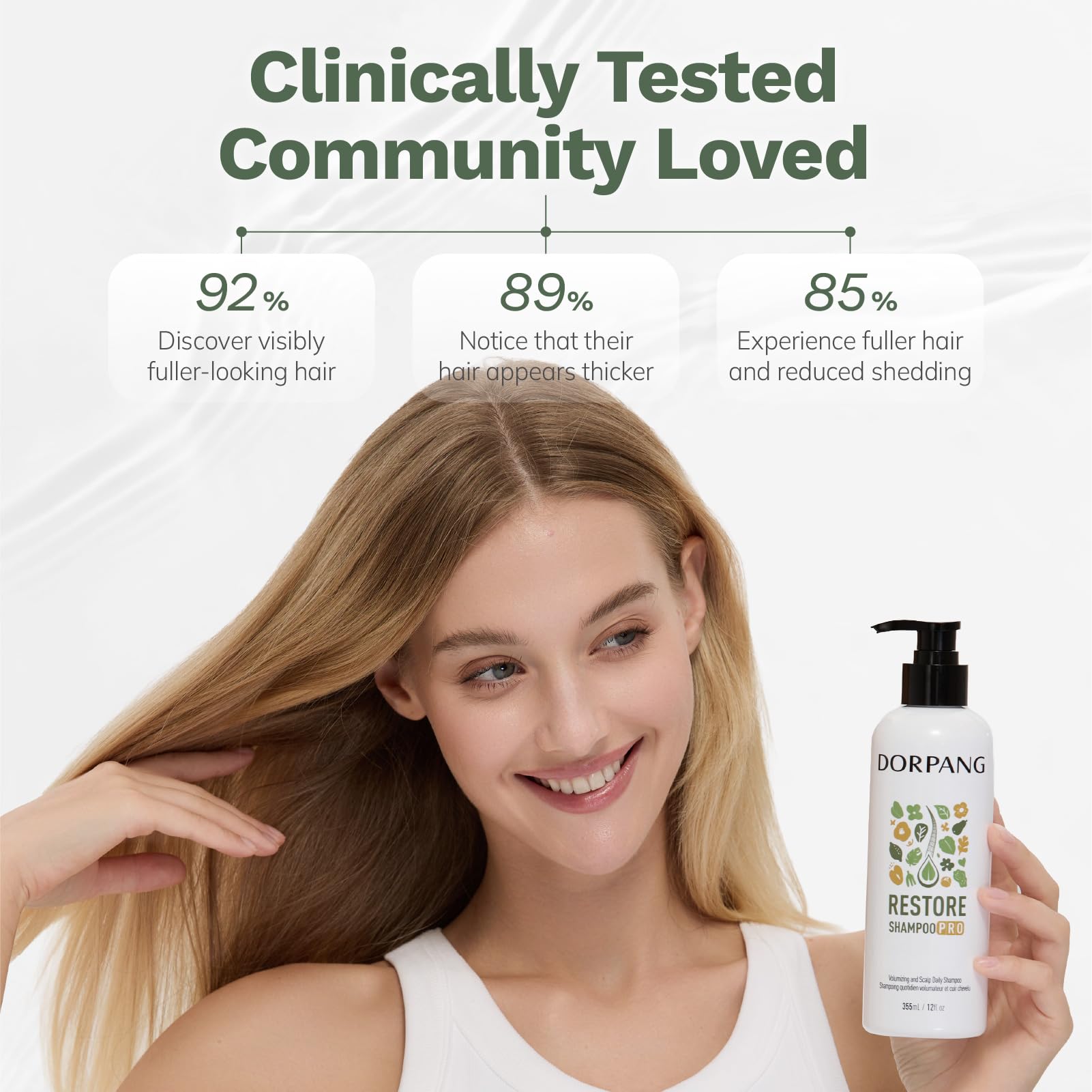 DORPANG Restore Shampoo creates a rich foamy lather during cleansing.