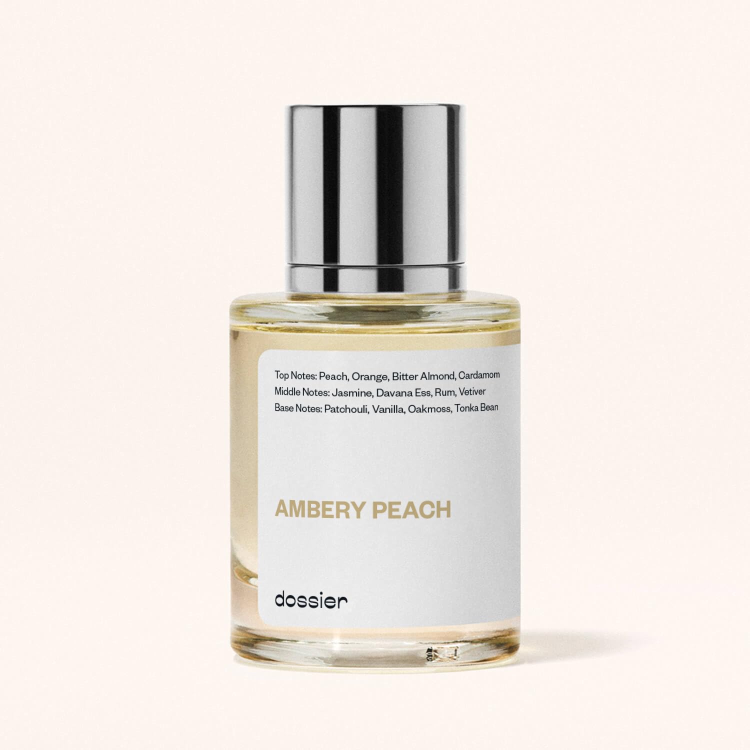 Dossier Ambery Peach label close-up showing minimalist branding for a modern style.