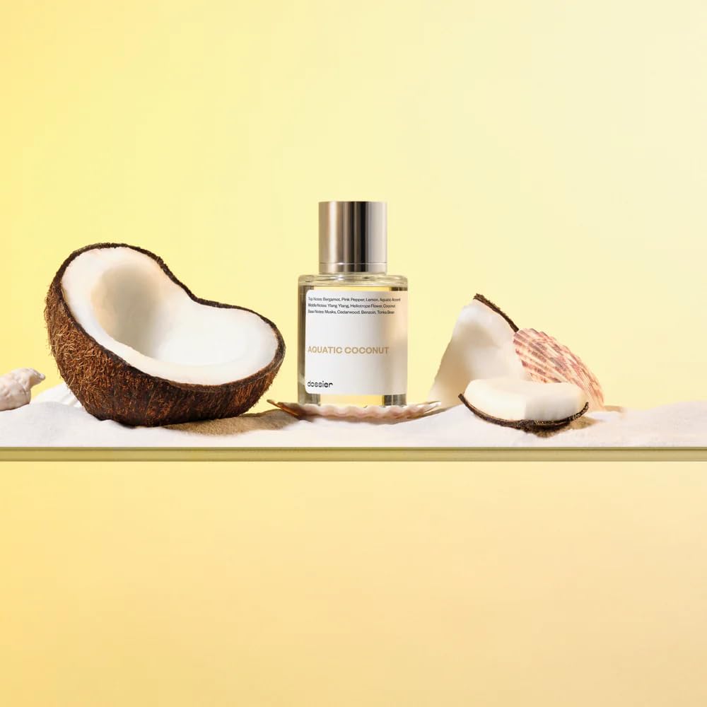 Dossier Aquatic Coconut unisex fragrance setup for versatile summer wear.