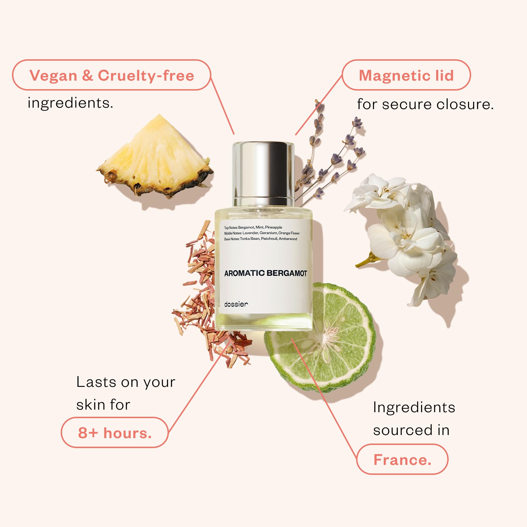 Dossier Aromatic Bergamot glass bottle, diffuse light enhances premium feel.