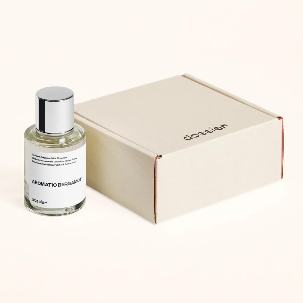 Dossier Aromatic Bergamot packaging box, sleek minimalist design for modern shelves.