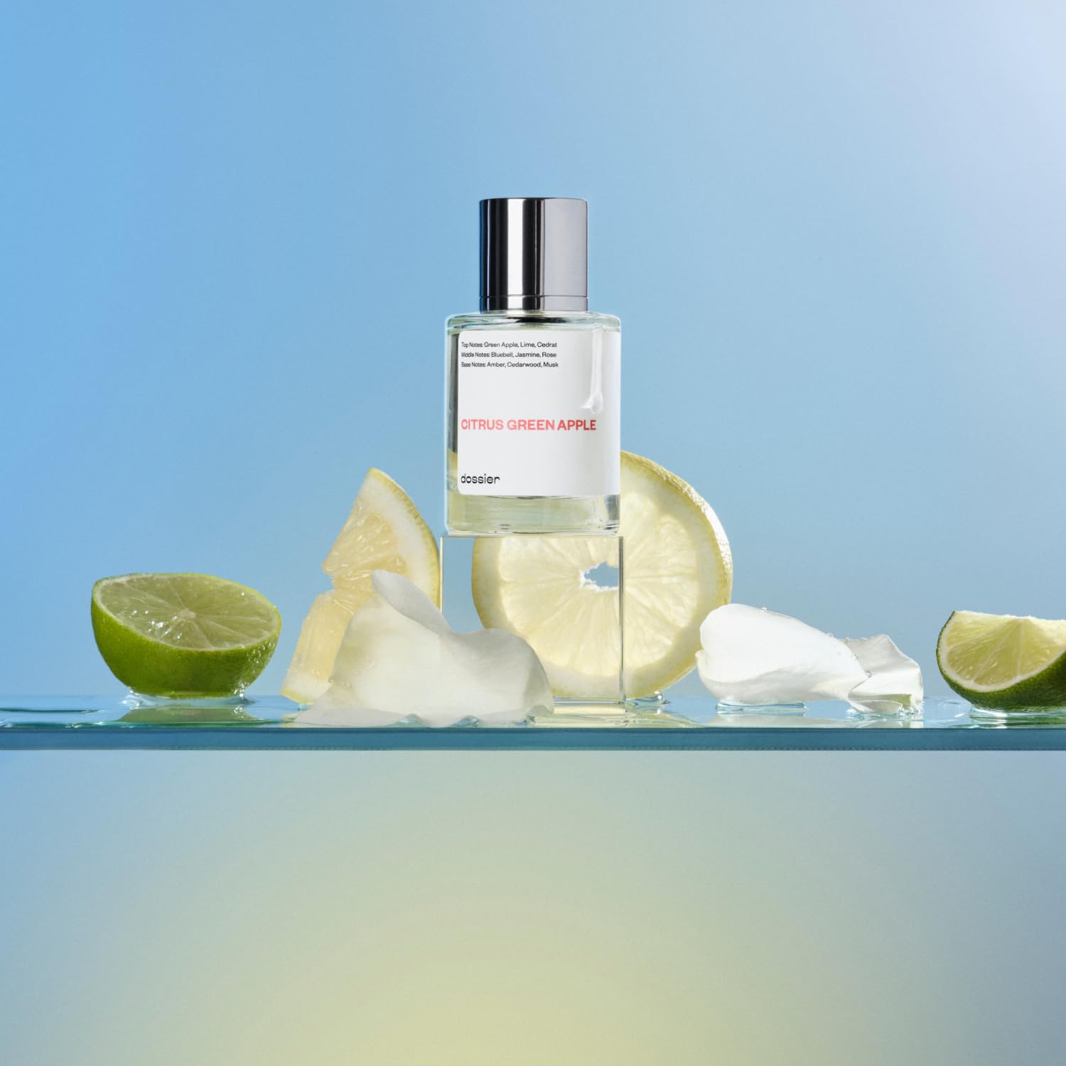 Dossier Citrus Green Apple bottle being poured, suggesting a refreshing daily wear.