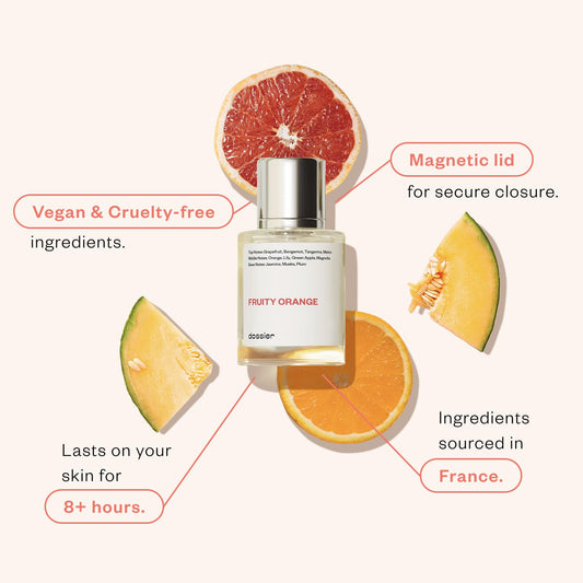 Dossier Fruity Orange bottle side view, compact travel-friendly design