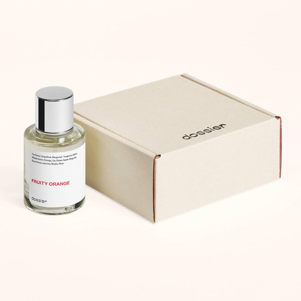Dossier Fruity Orange packaging box shows vegan and parabens-free promise