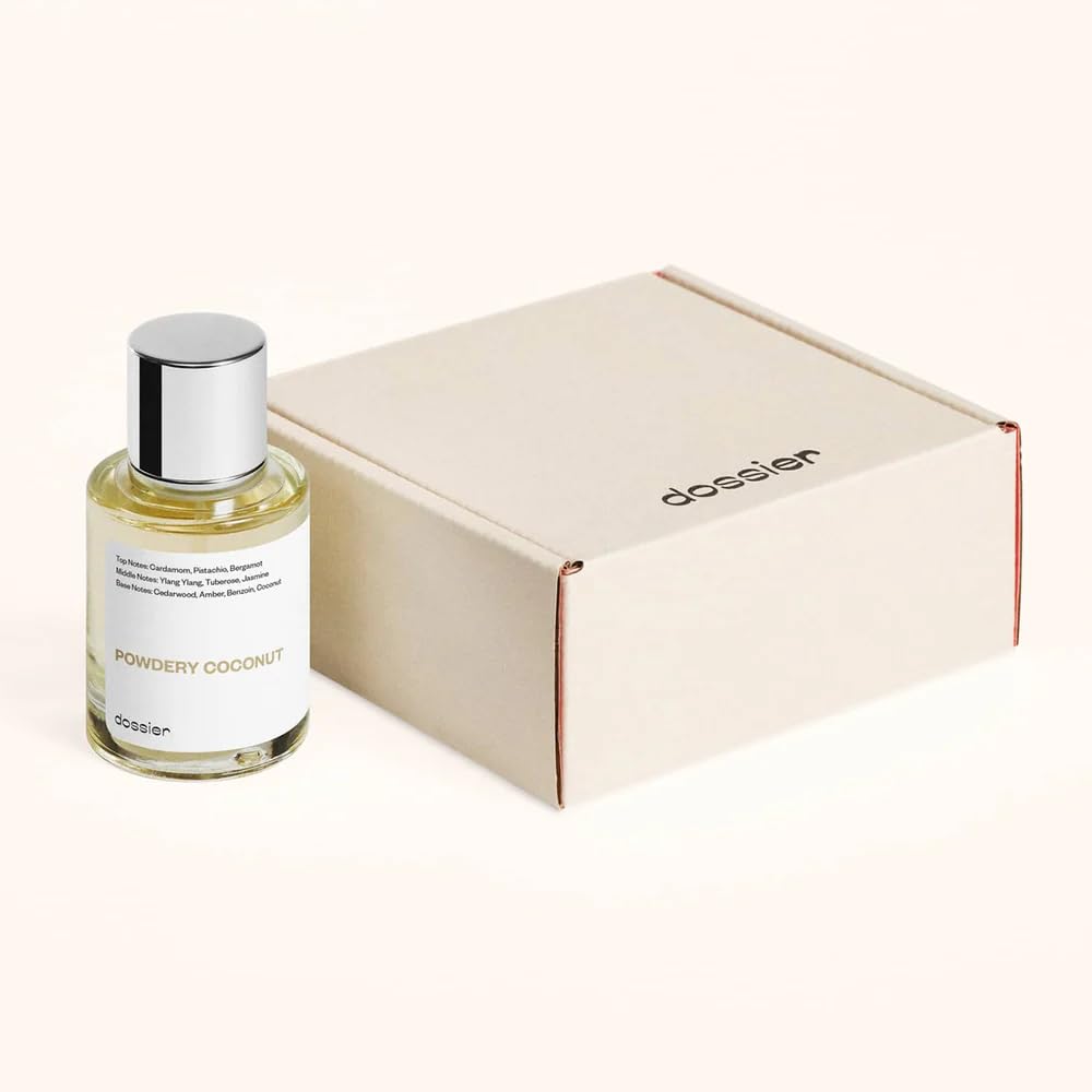 Dossier Powdery Coconut perfume drops on glass, evokes tropical notes