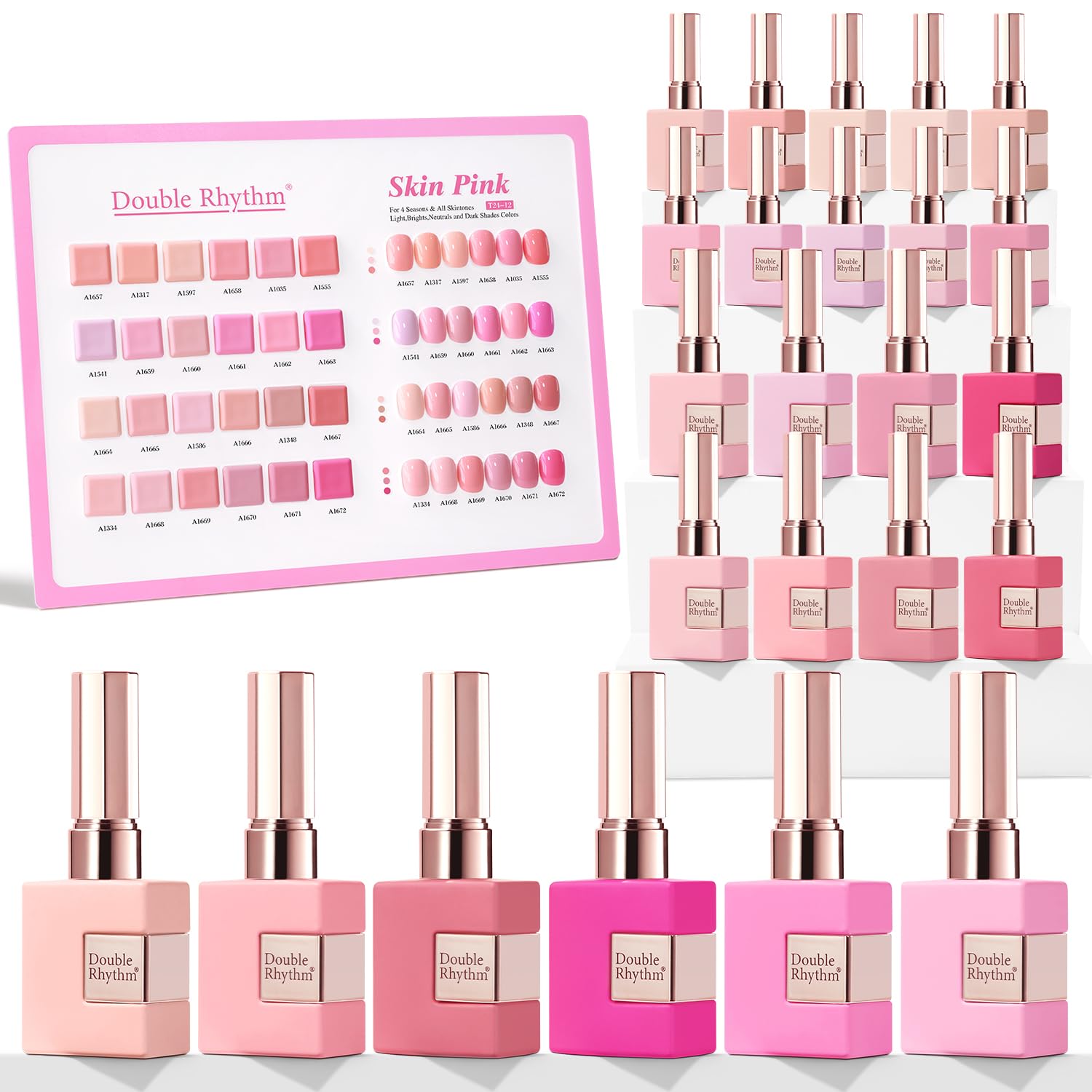 Double Rhythm gel polish bottles arranged for cohesive 28-color set.