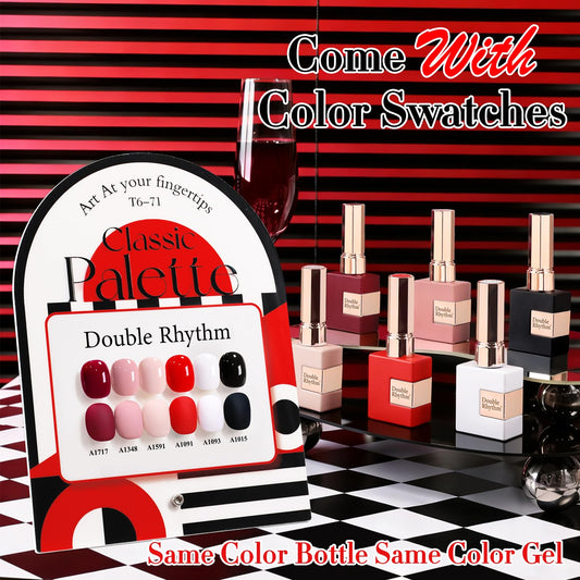 Double Rhythm polish color swatches show six identical bottles for uniform results