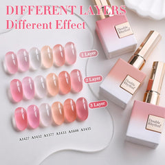 Double Rhythm 6-pcs gel polish set on display emphasizes convenience of consistent color