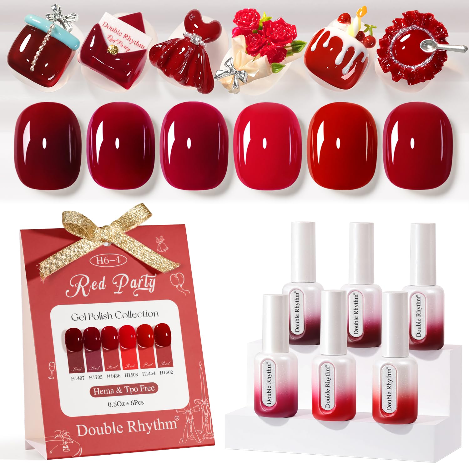 Double Rhythm display board with six HEMA-free gel polishes for at-home manicures