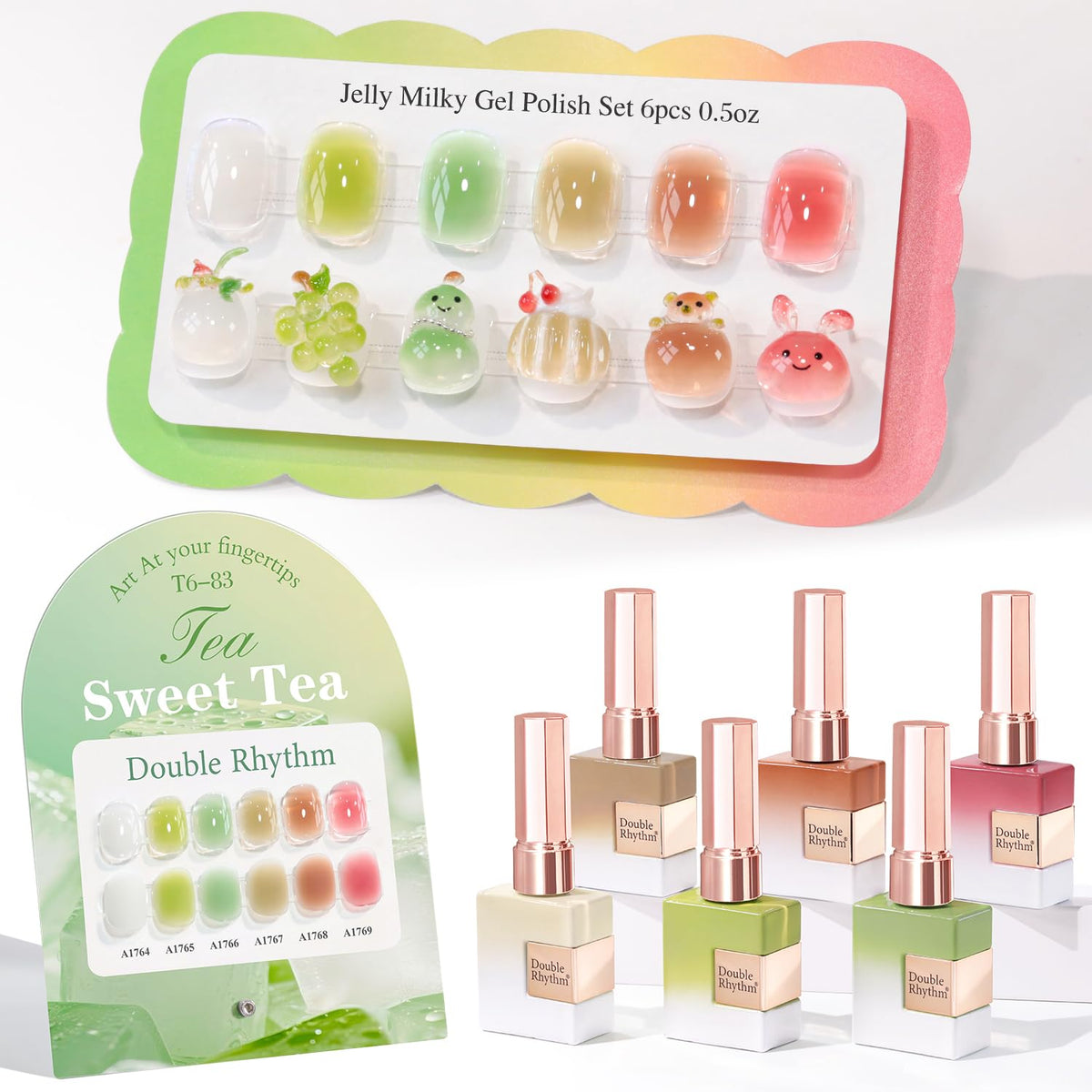 Double Rhythm 6pc gel polish set bottles shown for even color application
