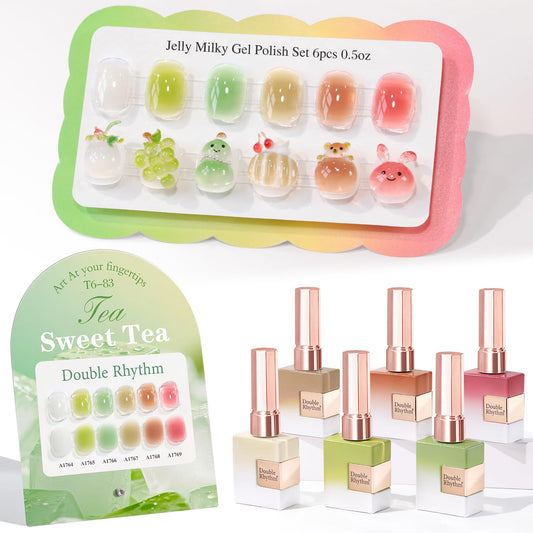 Double Rhythm 6pc gel polish set bottles shown for even color application