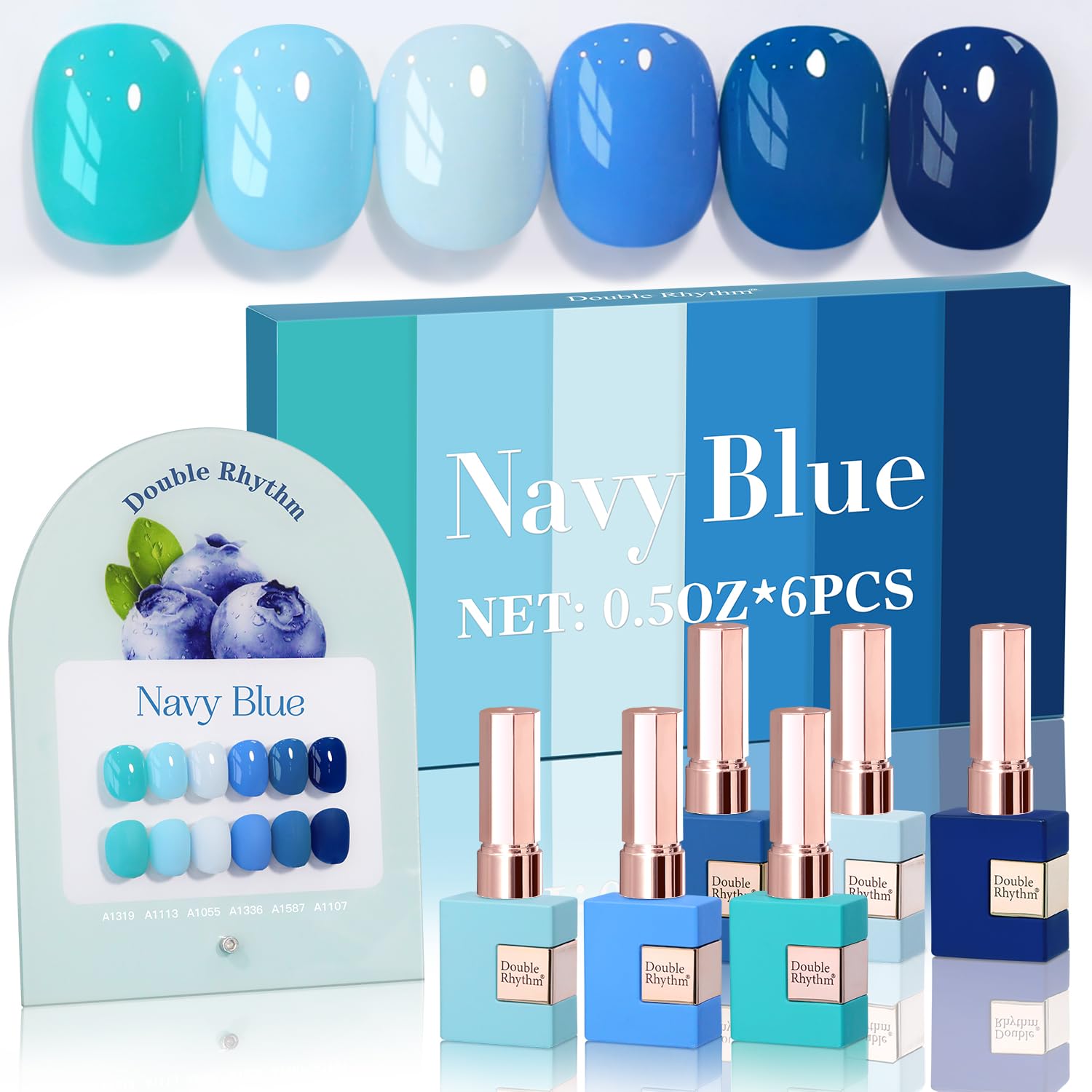 Double Rhythm six-pack gel polish bottles lined up for consistent shade