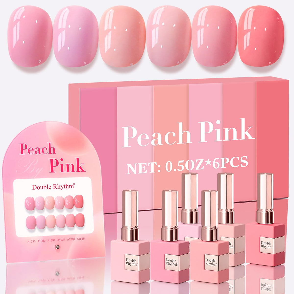 Double Rhythm gel polish bottles arranged for at-home manicures