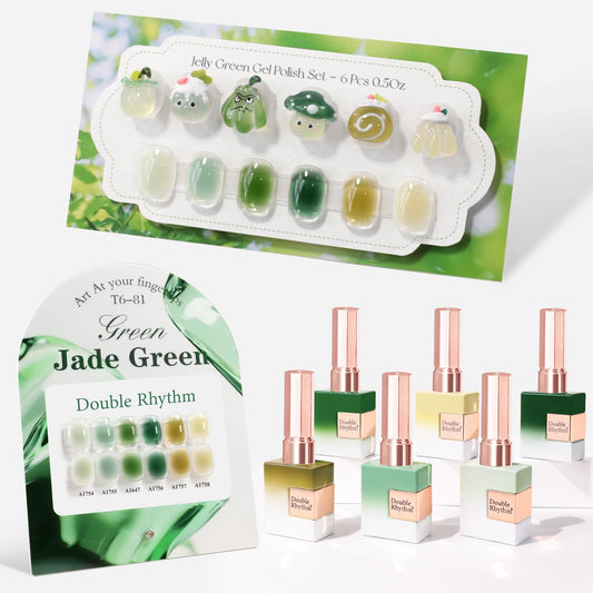 Double Rhythm gel polish set of six 15ml bottles in jelly milky green-teal hues