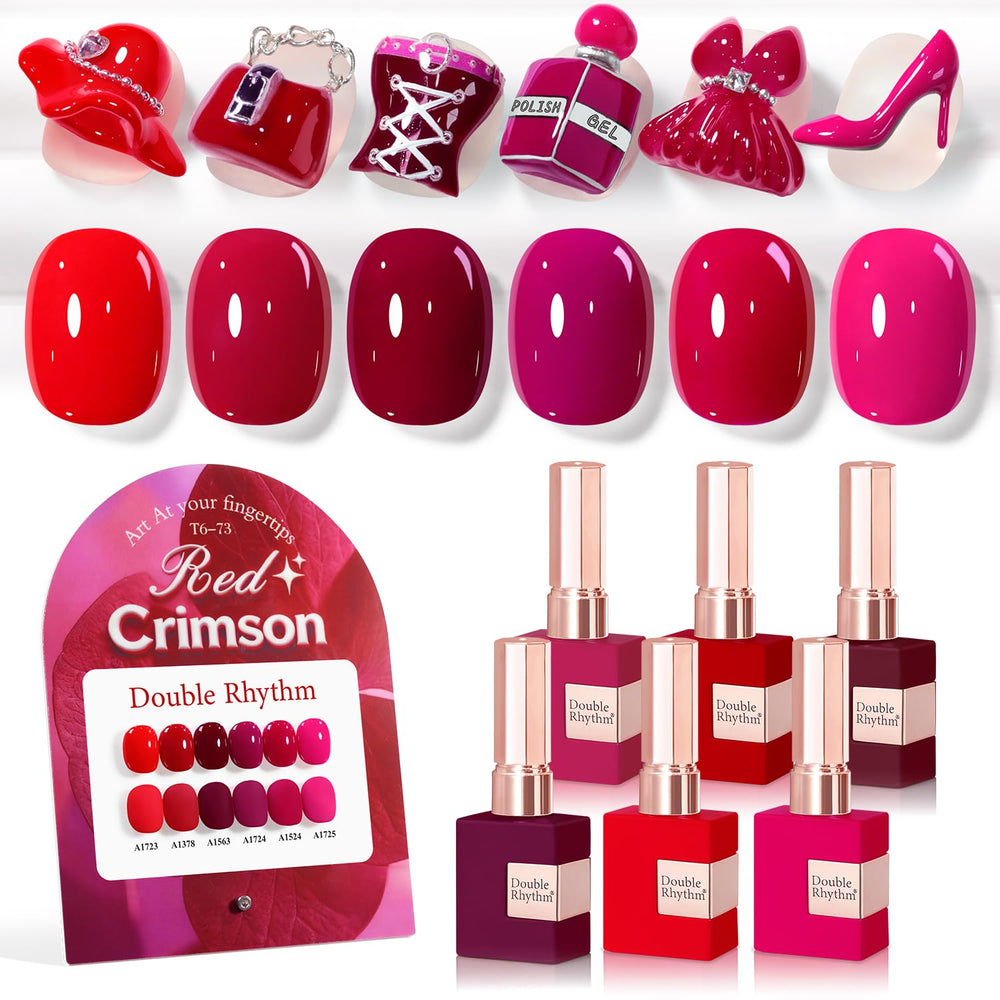 Double Rhythm burgundy cherry rose purple gel polish swatch on nail showing rich color.