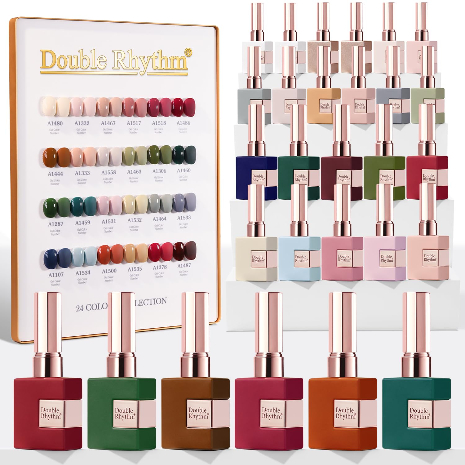 Double Rhythm Burgundy Green Collection packshot showing color range for at-home manicures.