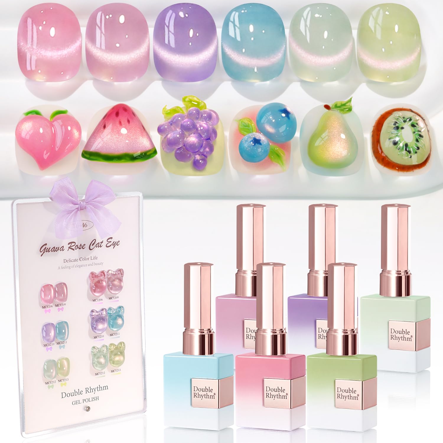 Double Rhythm Rose cat-eye gel nail polish with rich color and shine.