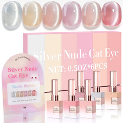 Double Rhythm cat-eye gel polish set shows six same-color bottles for cohesive nails.