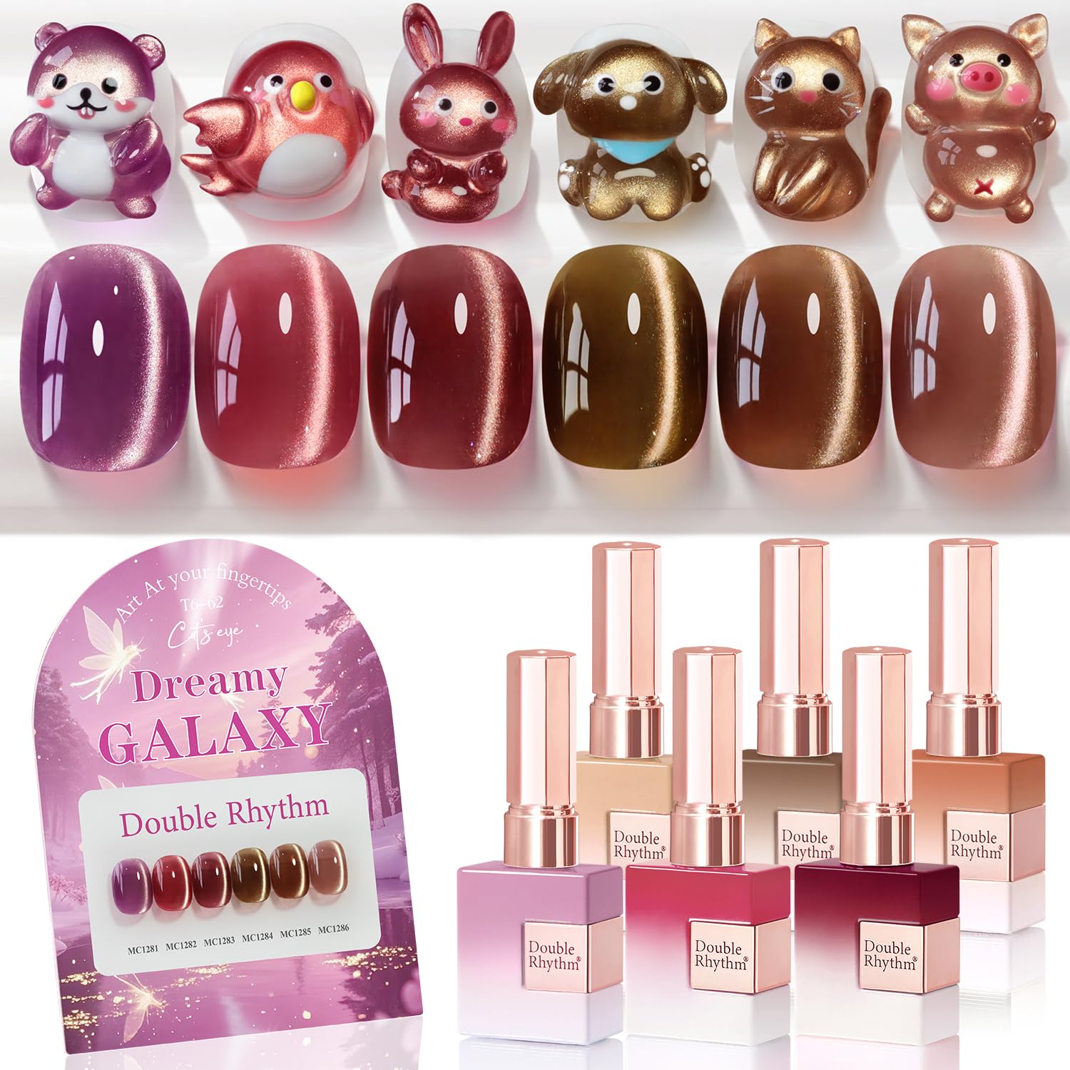 Double Rhythm cat eye gel polish rose bottle shows shimmering finish.