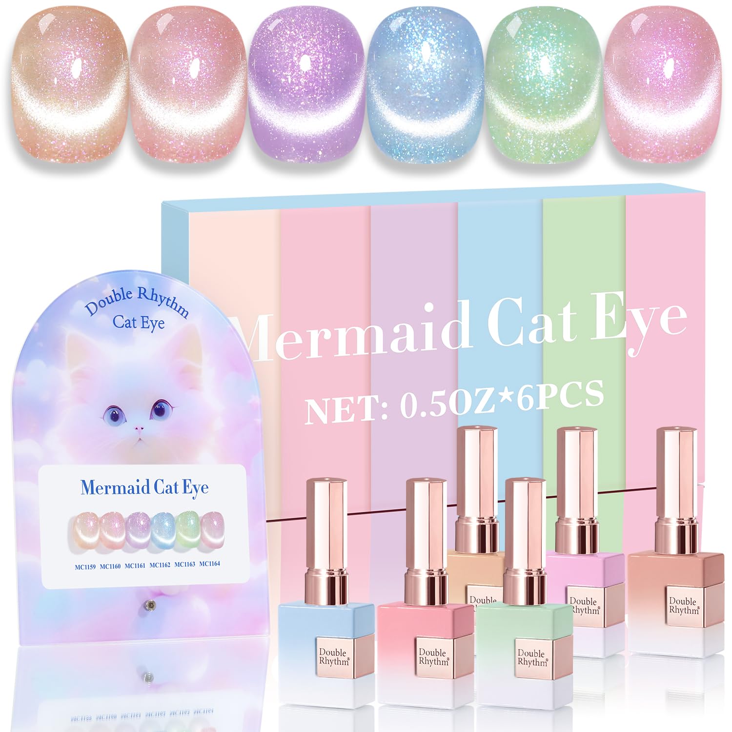 Double Rhythm Cat Eye polish bottle front shows solid coverage for chic at-home manicures.
