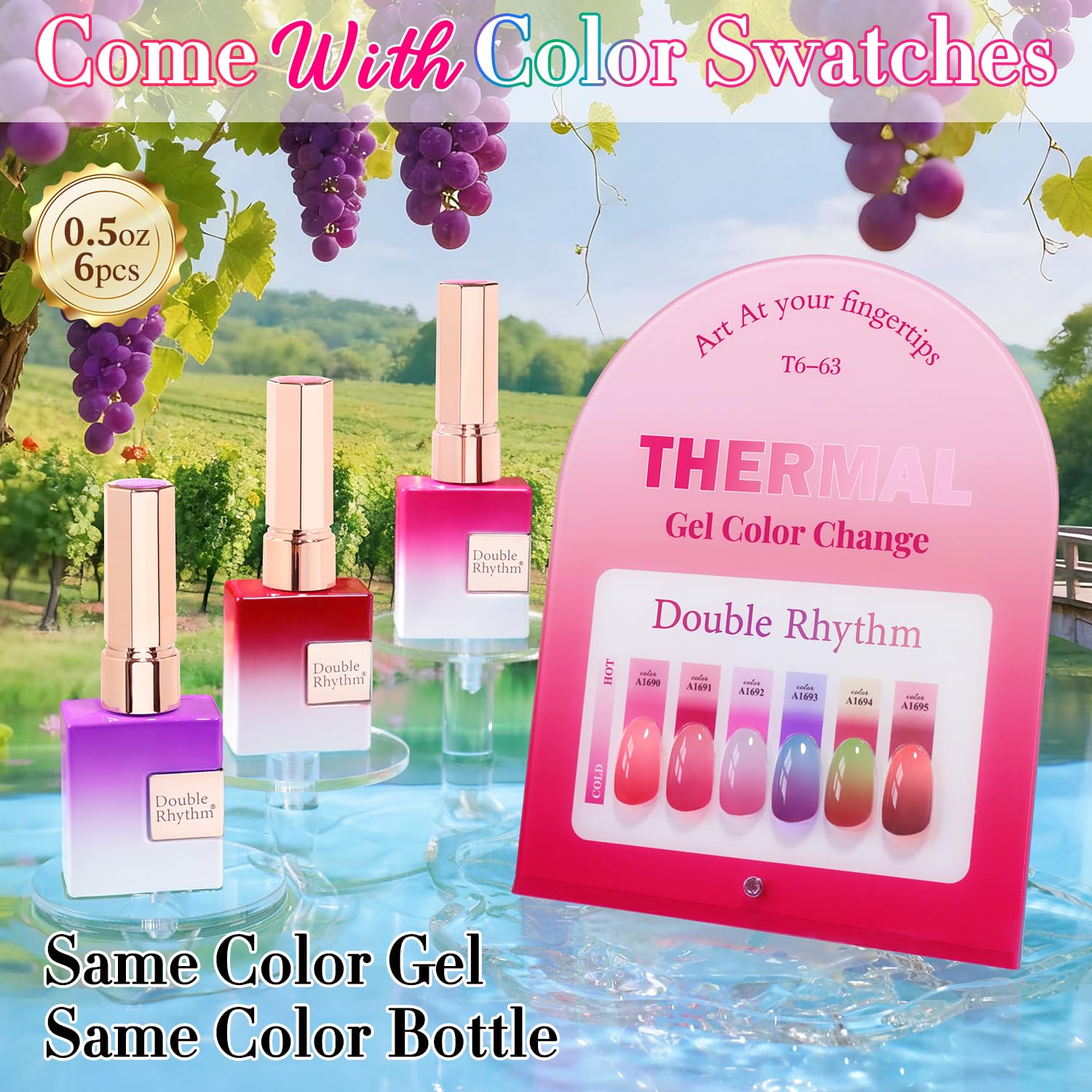 Double Rhythm pink colorchanging gel polish bottle demonstrates seasonal shade change for versatile looks