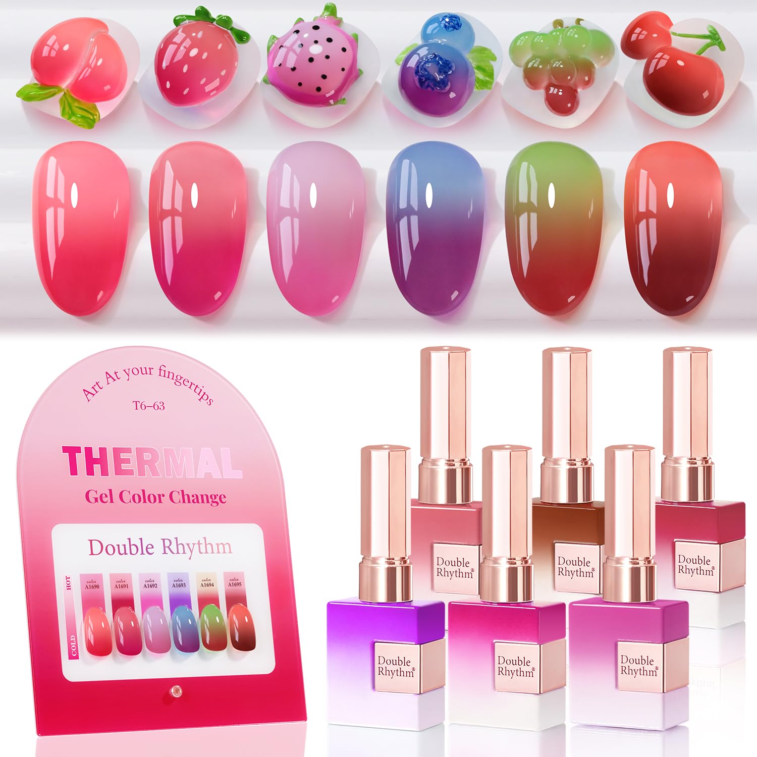 Double Rhythm red colorchanging gel polish bottle showing temperature-triggered color shift for dynamic nails