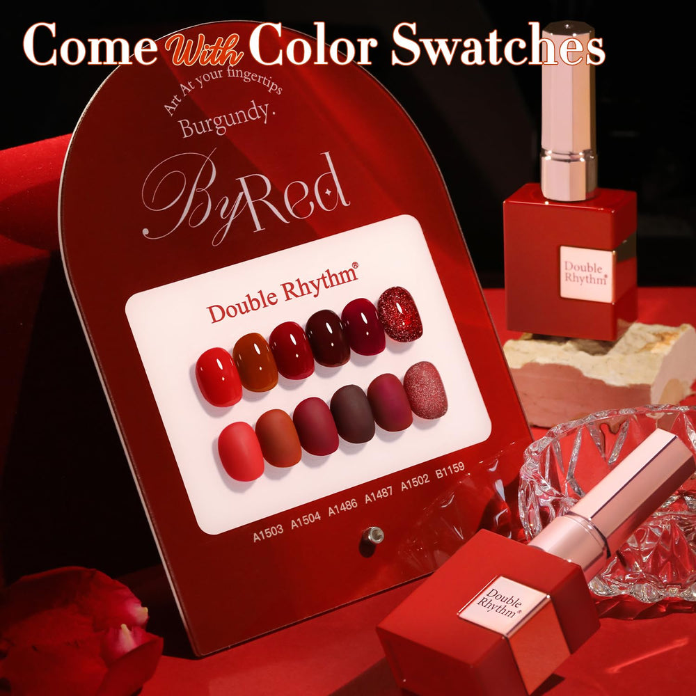 Double Rhythm dark cherry red gel polish bottle with shimmering finish.