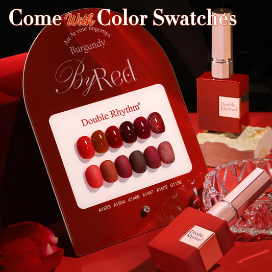 Double Rhythm dark cherry red gel polish bottle with shimmering finish.