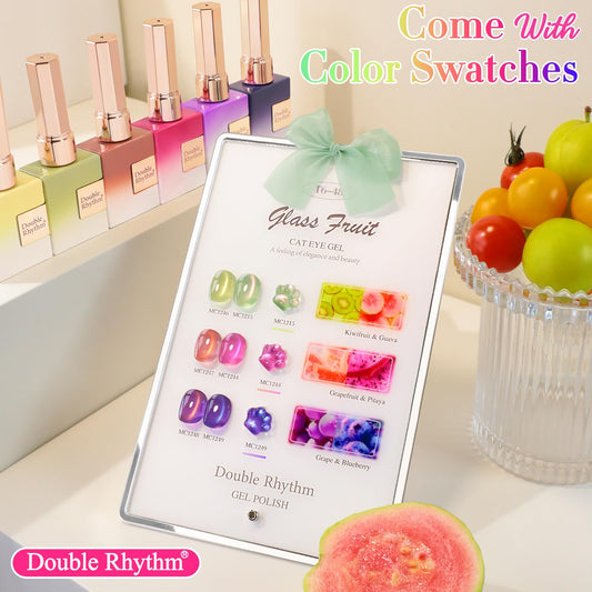 Double Rhythm Fruit Cat Eye Green gel polish bottle showing bold color in daylight.