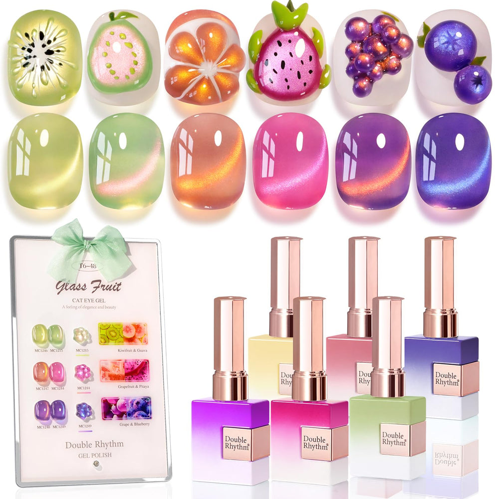 Double Rhythm Fruit Cat Eye Rose Pink gel polish bottle with shimmering finish.