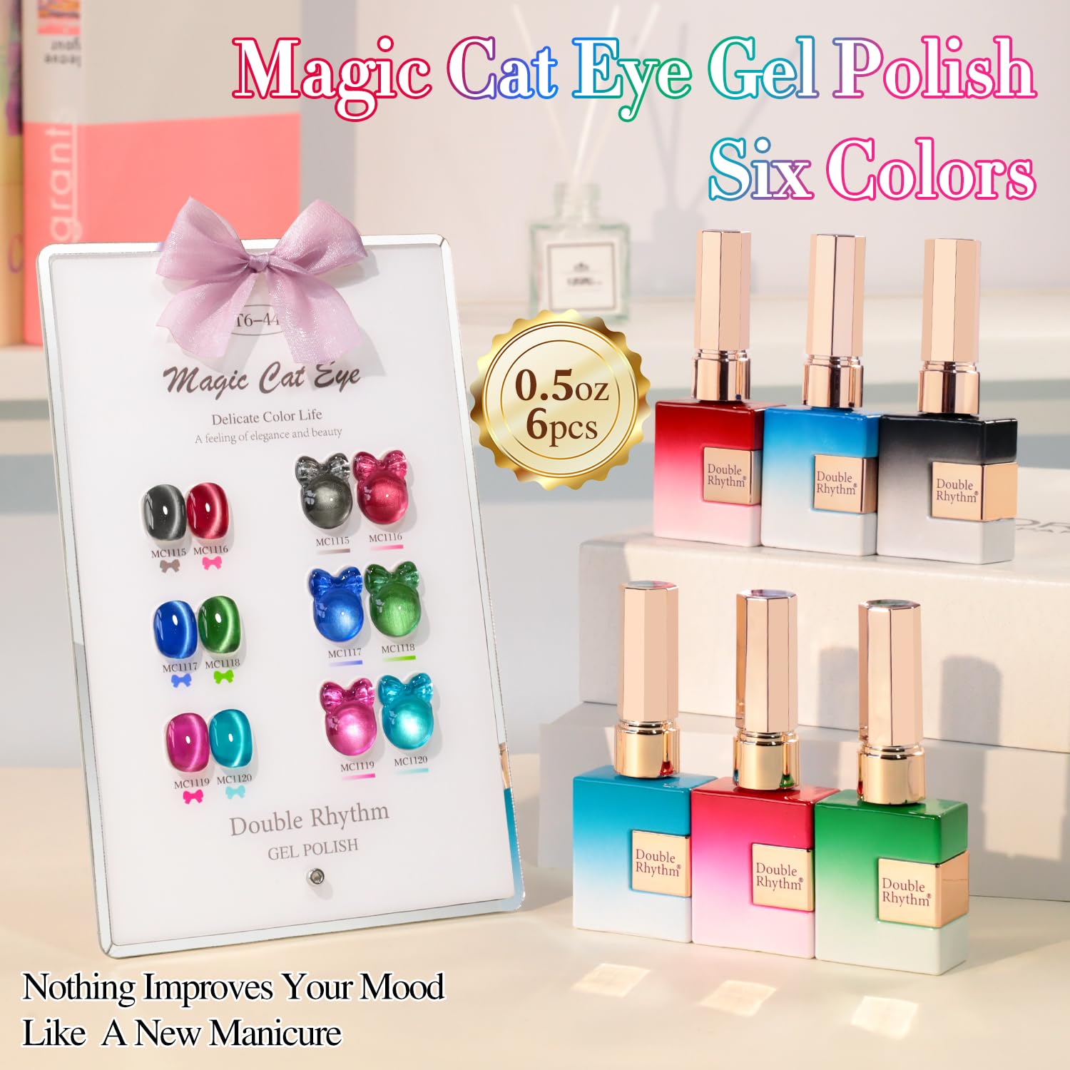 Six 15 ml bottles with color swatches help plan manicure looks
