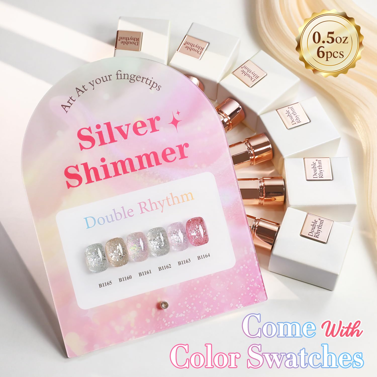Double Rhythm light pink glitter gel bottle close-up highlighting shimmer finish